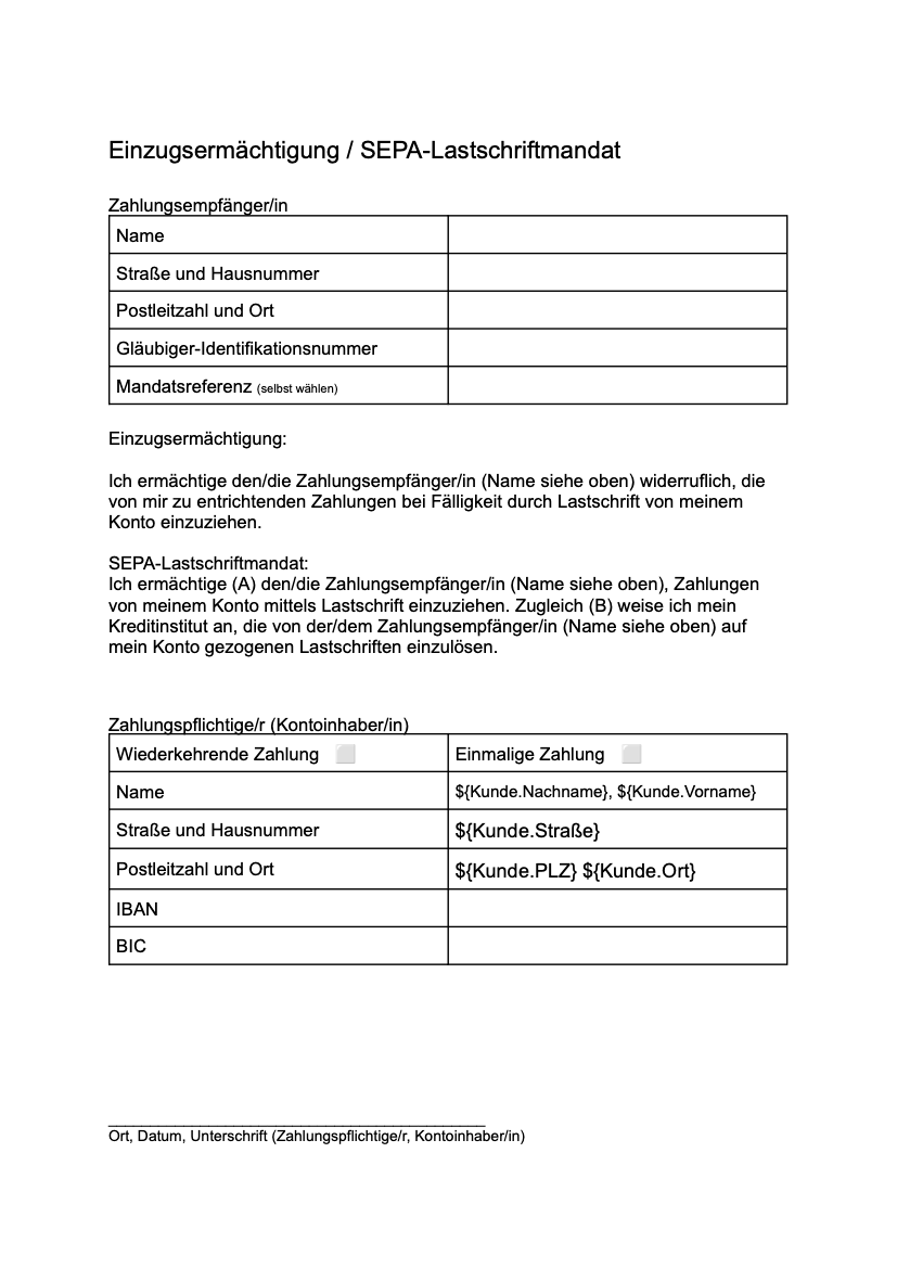 Einzugsermächtigung-SEPA-Formular gratis downloaden (PDF) - pdformulare.de
